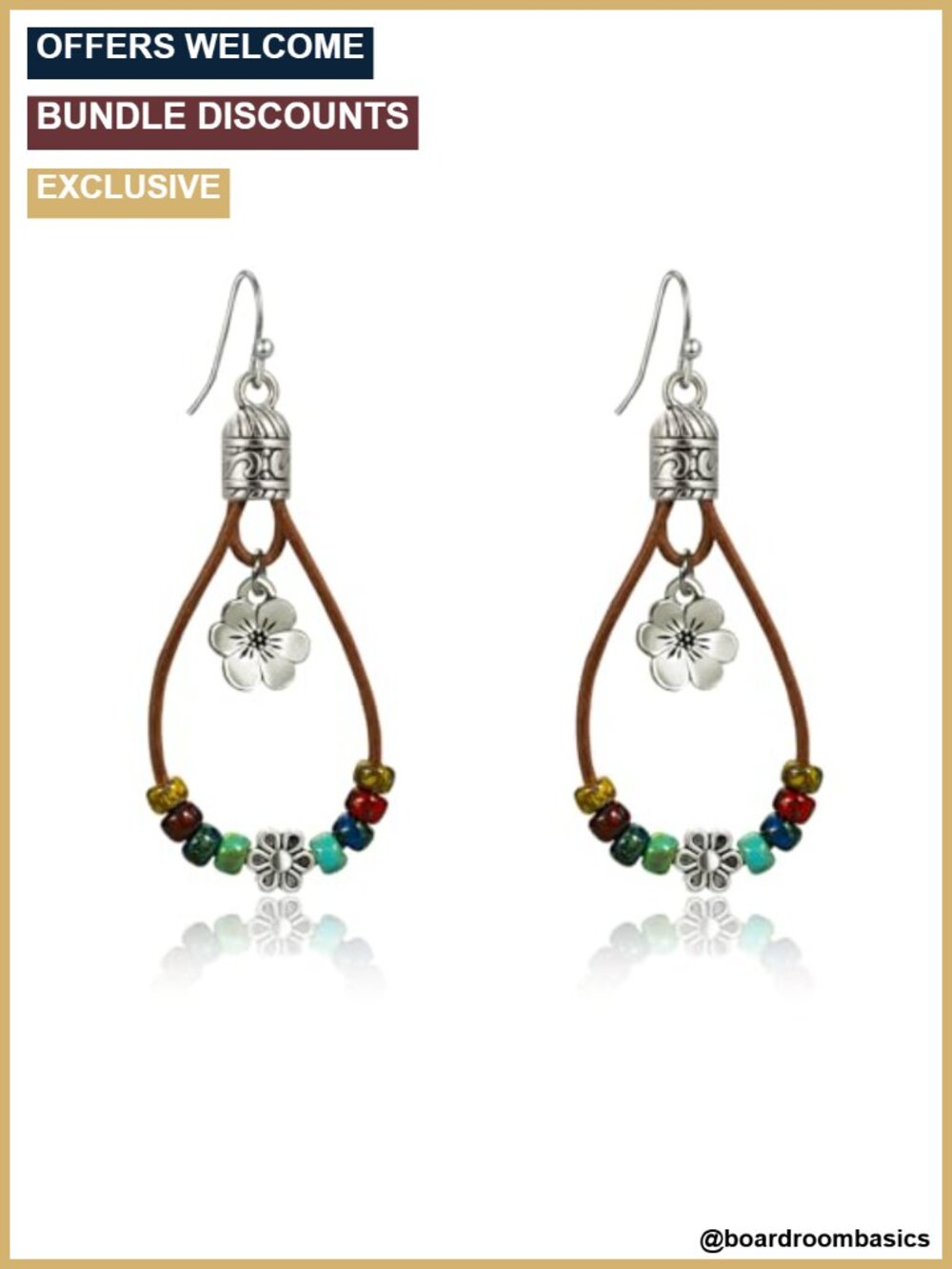 Handmade Boho Dangle Drop Earrings Leather Rope Natural Stone Flower Women